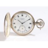 J W Benson silver half hunter pocket watch, the outer case with blue enamel Roman numerals and