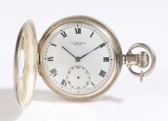 J W Benson silver half hunter pocket watch, the outer case with blue enamel Roman numerals and