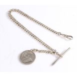 Silver pocket watch chain, the graduated links with T bar and attached South African one shilling