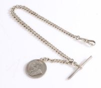 Silver pocket watch chain, the graduated links with T bar and attached South African one shilling