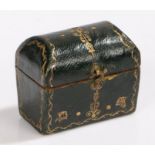 A 19th century casket ring box hand crafted in green leather. Tapered body with hinged lid, with a