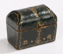 A 19th century casket ring box hand crafted in green leather. Tapered body with hinged lid, with a