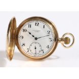 9 carat gold half hunter pocket watch by J.W. Benson, the outer case with blue enamel Roman numerals