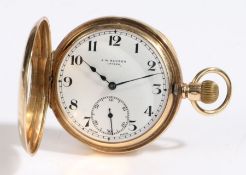 9 carat gold half hunter pocket watch by J.W. Benson, the outer case with blue enamel Roman numerals