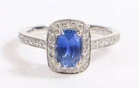 An 18ct white gold sapphire and diamond cluster ring. Approx. sapphire carat weight: 0.90cts.