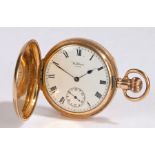 Waltham 10 carat gold plated hunter pocket watch, the case opening to reveal a white enamel dial