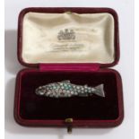 An Edwardian diamond and opal rainbow trout brooch The body has two rows of diamonds and two rows of
