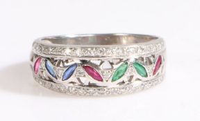 An 18ct white gold ring set with marquise cut rubies, sapphires and emeralds with diamonds.