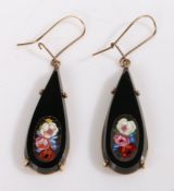 A pair of yellow metal black tear drop earrings with micro mosaic flowers.  Length 35mm. Width 13mm.