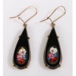 A pair of yellow metal black tear drop earrings with micro mosaic flowers.  Length 35mm. Width 13mm.