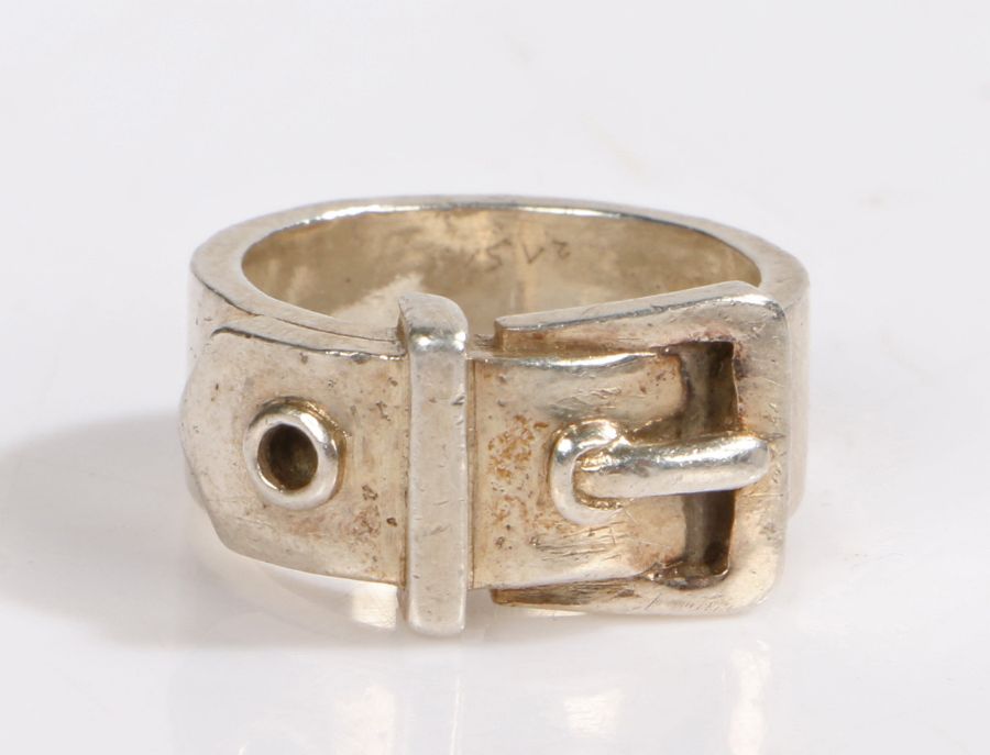 A Hermes silver buckle ring. Stamped Hermes 800. no.21513. - with assay marks. Ring size K. Weighing