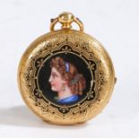 18ct yellow gold 32mm hunter pocket watch, the case with enamel profile portrait of a lady, the
