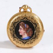 18ct yellow gold 32mm hunter pocket watch, the case with enamel profile portrait of a lady, the