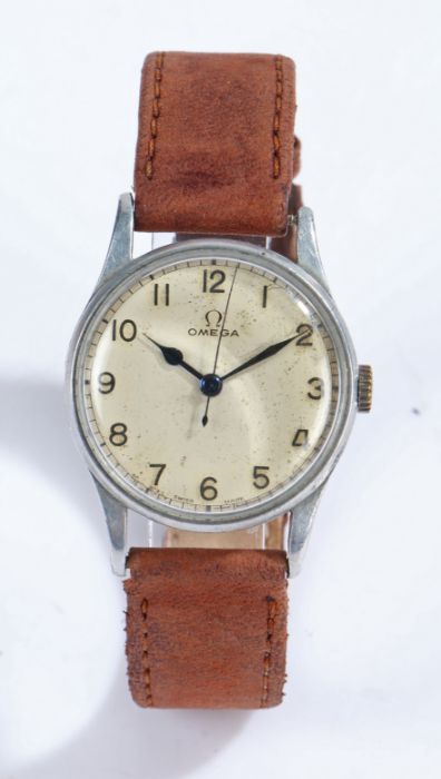 Omega World War II military issue wristwatch, the signed white dial with Arabic numerals and outer