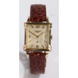 Longines gold plated gentleman's wristwatch, the signed cream dial with Arabic and baton markers,