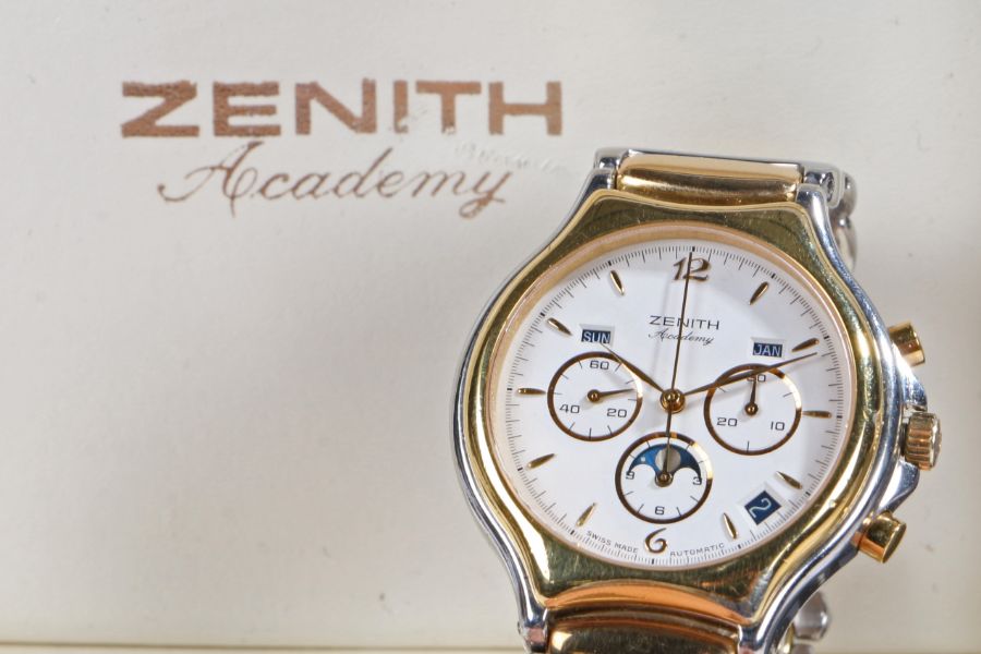 Zenith Academy Moonphase stainless steel and gold plated gentleman's wristwatch, model no. 59.6000. - Image 3 of 3