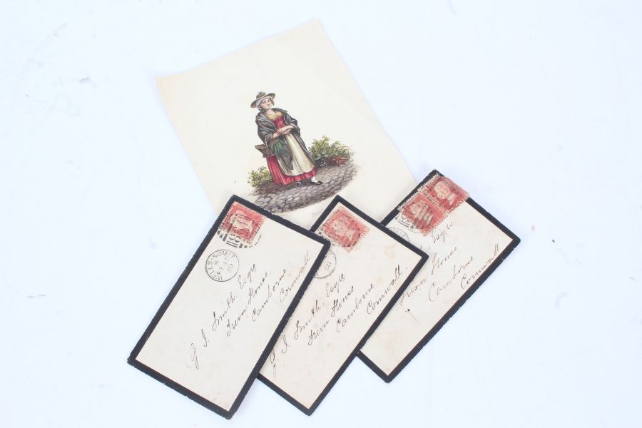 Three 19th century envelopes together with a colour plate depicting a girl with a basket (4)
