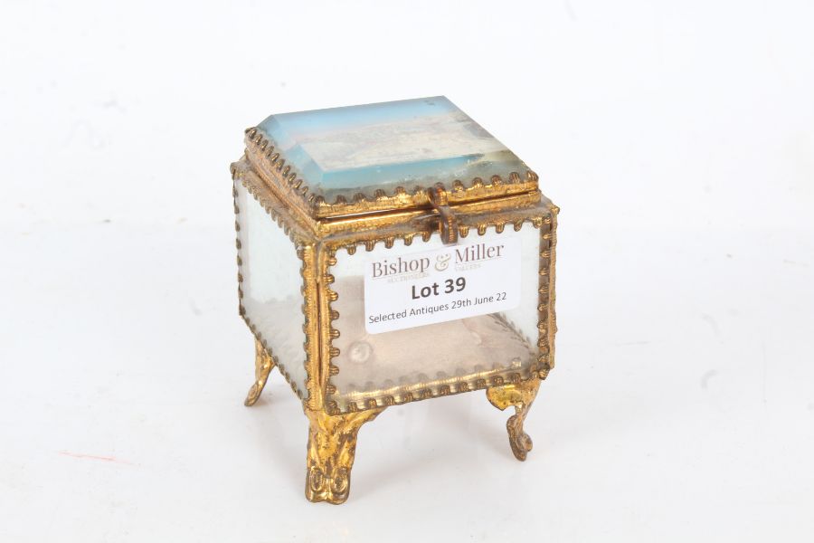 Palais Royale style casket of cube form with a scene of Boulogne to the top with brass banding and
