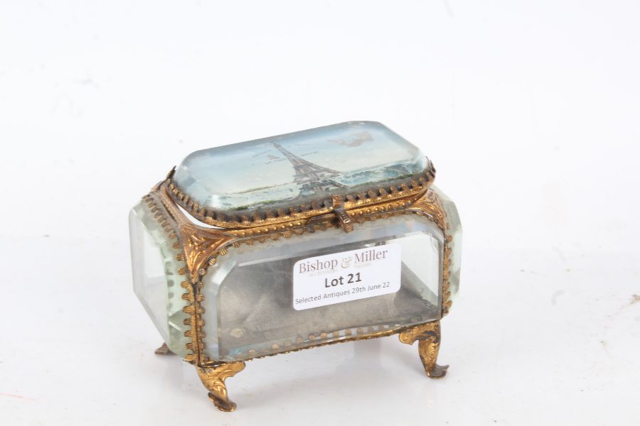 Palais Royale style casket of cuboid form with a scene of the Eiffel Tower to the top with gilt