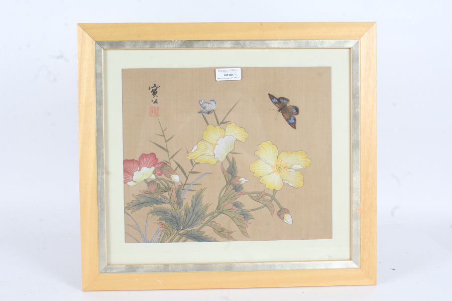 Five Chinese School paintings, all depicting butterflies and flowers, watercolours on silk, some
