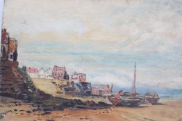 Arthur C. Playfer, coastal scene with boats and distant buildings, signed oil on canvas, unframed,