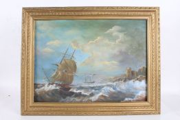 20th century English School, study of ships in stormy seas, unsigned oil on canvas, housed in a gilt