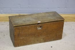 Late 19th early 20th century oak boarded chest the rectangular top opening to reveal a paper lined