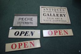 Collection of various painted shop signs to include "Antique Folk Art and Naive Paintings" three