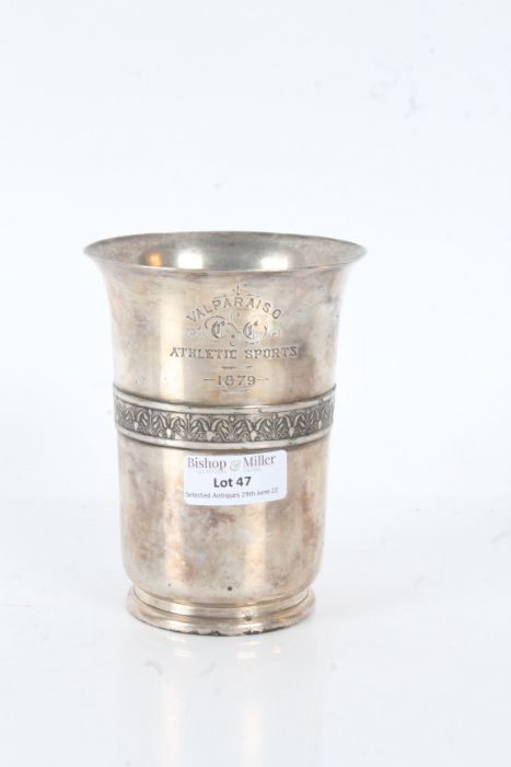 Silver plated cup "Valparaiso Athletic Sports 1879" Elkington & Co, with a floral decorated border