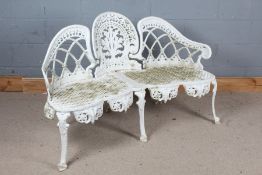 Aluminium garden bench painted in white with pierced foliate decoration, 133cm wide