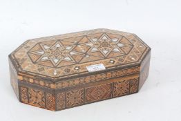 20th century highly worked Damascus box of hexagonal form, highly worked with many specimen woods