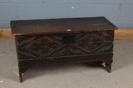 18th century and later oak coffer, the rectangular top with iron hinges, the front with lozenge