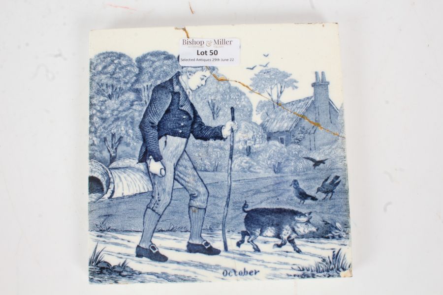 Josiah Wedgwood & Sons tile, depicting a scene of boy and a piglet with October to the bottom AF