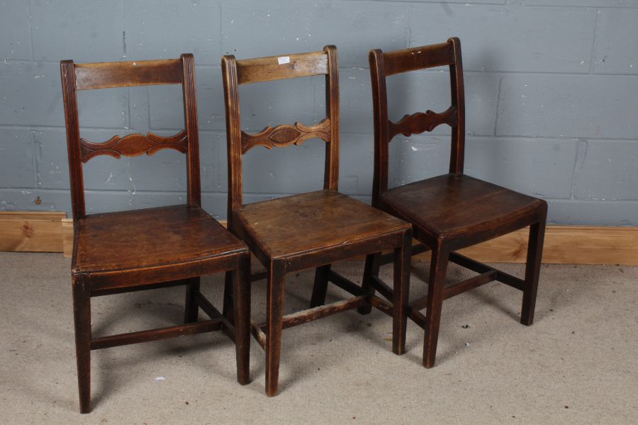 Three 19th Century mahogany country dining chairs, having shaped back rests, rail side supports - Image 2 of 2