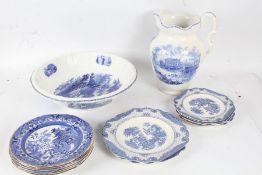 Collection of various blue and white porcelain to include a water jug and bowl and plates (Qty)