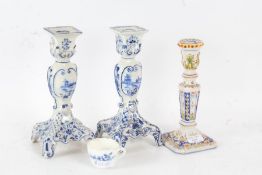 Collection of porcelain to include a small Meissen cup, pair of blue and white candlesticks and a