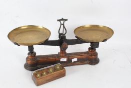 Large set of postal scales with weights, 57cm long