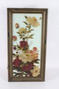 Edwardian painting on porcelain, of oblong form, depicting flowers, housed in a wooden frame, 64cm