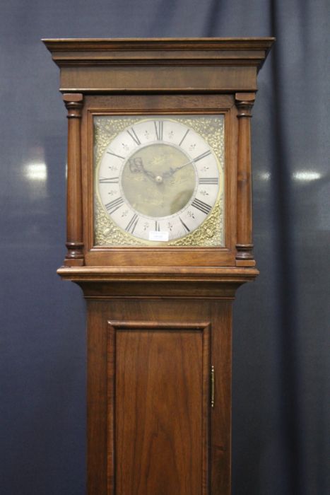 20th Century mahogany longcase clock, the silvered chapter ring with Roman numerals and makers