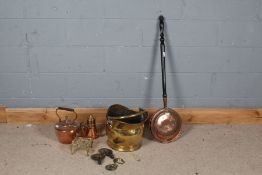 Collection of copper and brass ware to include a 19th century copper warming pan with foliate