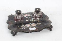 Victorian papier mache desk stand with mother of peal inlaid and two inkwells together with a