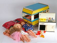 Sindy Doll caravan, casdon toy sink, together with a collection of dolls including Barbie.