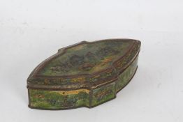 Huntley & Palmers biscuit tin, of pointed form, depicting travellers, 22cm wide