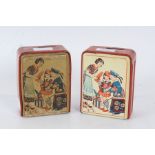 Two mid 20th century tin plate money boxes, each with counters to the front in which the door