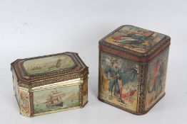 Two Huntley & Palmers biscuit tins, the first with scenes of sailors, 16cm high, the second with