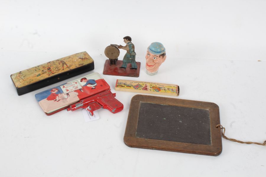 Victorian papier mache pencil box, decorated with figures at the beach, together with a writing
