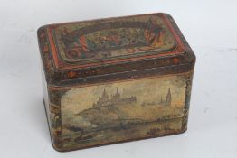 Colman's Mustard tin, decorated with scenes of Hong Kong, Rock of Gibraltar, Lucknow, and Parliament