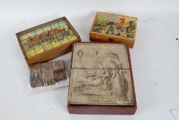 Four children's block sets, one depicting various animals, another of soldiers on horseback, 19th