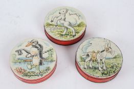 Three Huntley and Palmers biscuit tins, depicting Muffin the Mule, Louise the lamb and Peregrine