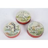 Three Huntley and Palmers biscuit tins, depicting Muffin the Mule, Louise the lamb and Peregrine